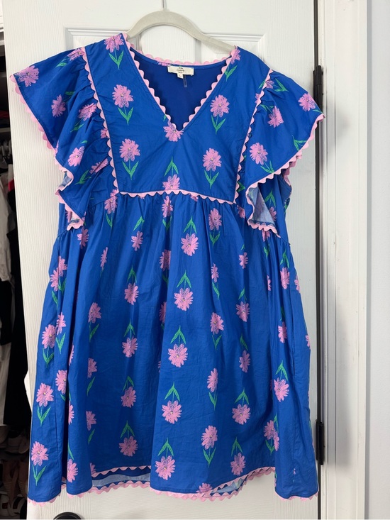 entro Dresses & Skirts - entro Bright Blue Mini Dress with Pink Floral and Trim